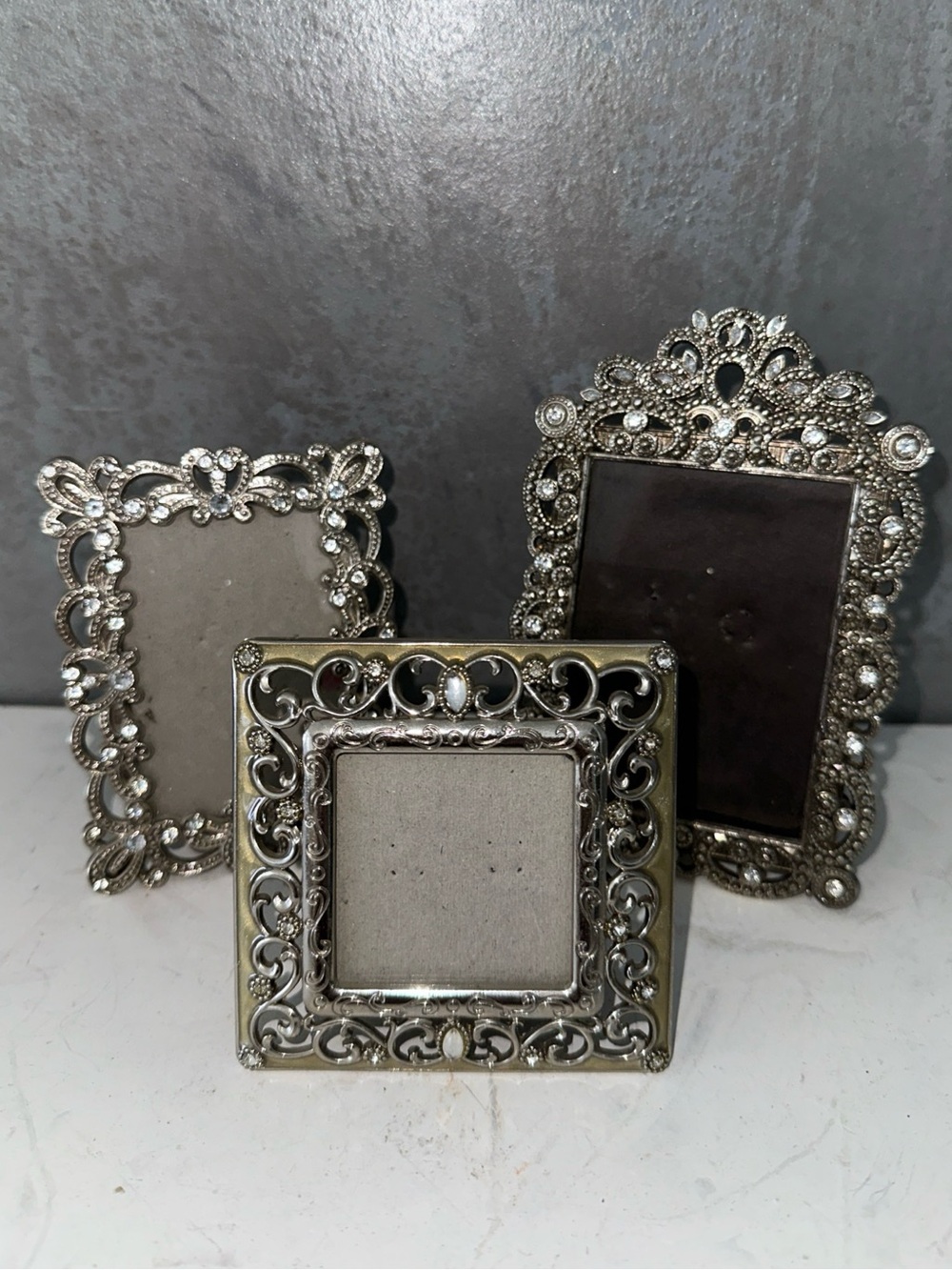 3 MINI ORNATE SILVER FILAGREE RHINESTONES Photo Frame 3X2-3.5X2.5-2X2 B4